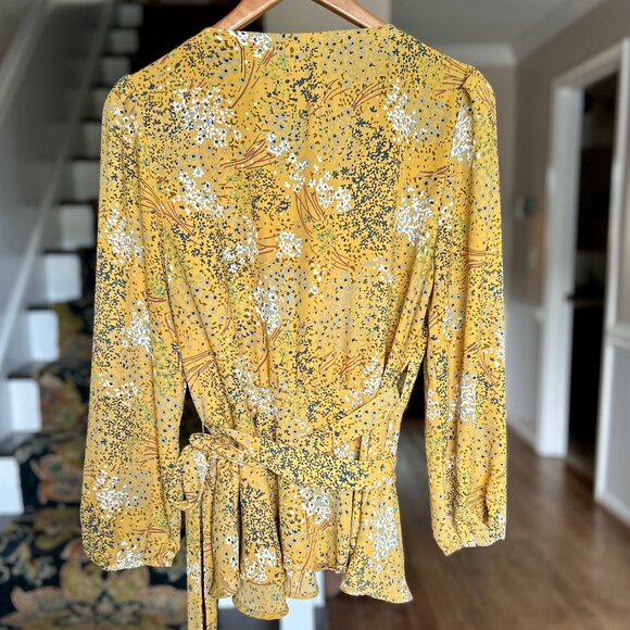 LOFT Harvest Yellow Floral Belted Wrap Blouse V Neck Long Sleeve Womens Size Med - Picture 3 of 11